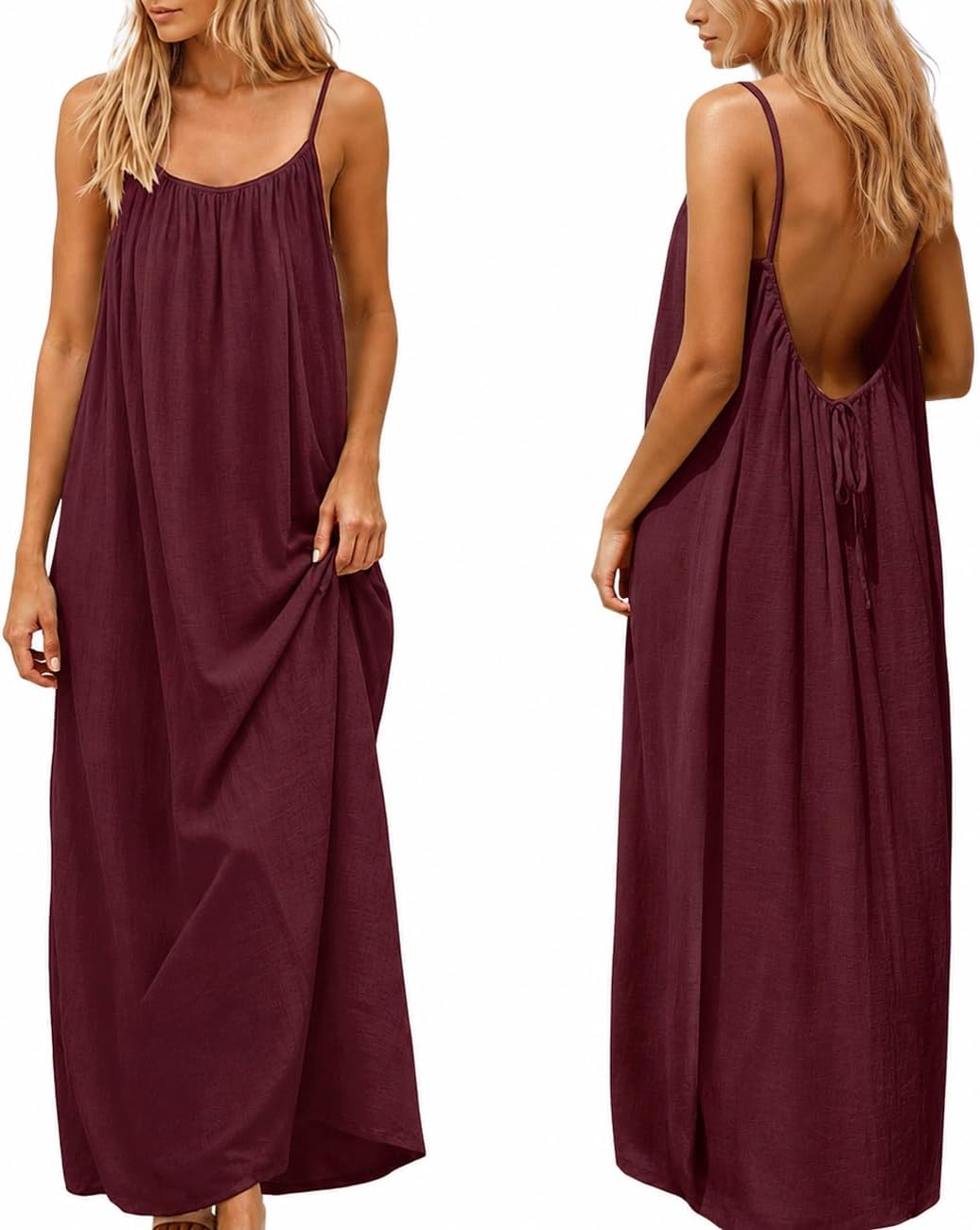 nnOuOnn Women Summer 2026 Backless Cami Dress Sleeveless Long Maxi Casual Summer Flowy Open Back Lounge Dress Beach House