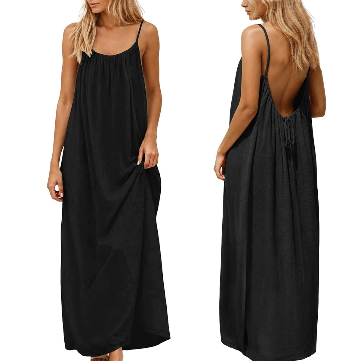nnOuOnn Women Summer 2026 Backless Cami Dress Sleeveless Long Maxi Casual Summer Flowy Open Back Lounge Dress Beach House