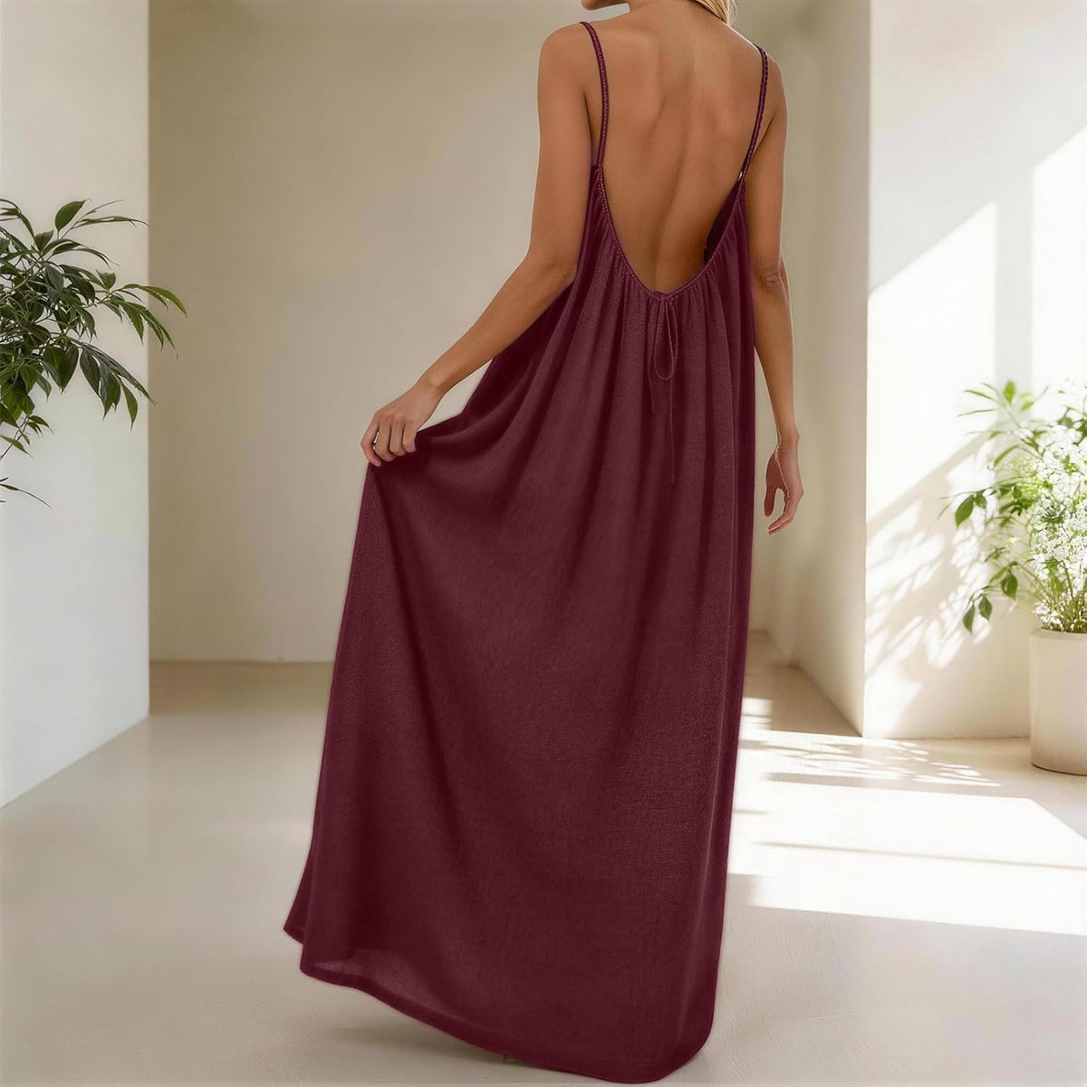 nnOuOnn Women Summer 2026 Backless Cami Dress Sleeveless Long Maxi Casual Summer Flowy Open Back Lounge Dress Beach House