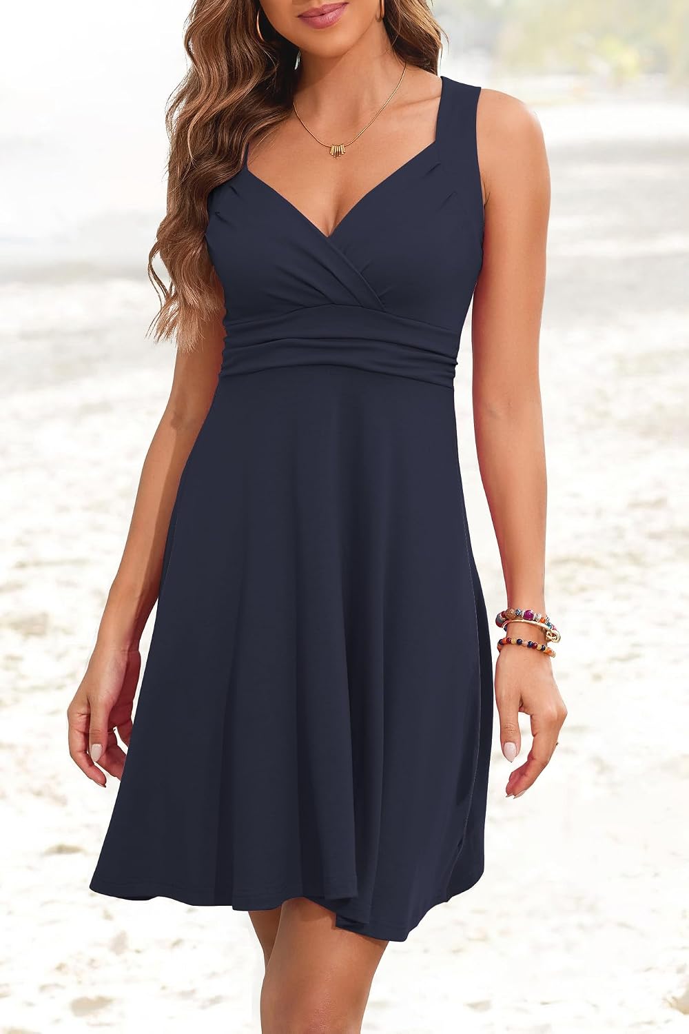 YUTILA Summer Dress Women's V-Neck Sleeveless Dresses Midi Floral Pattern Lightweight Dress Beach Dress