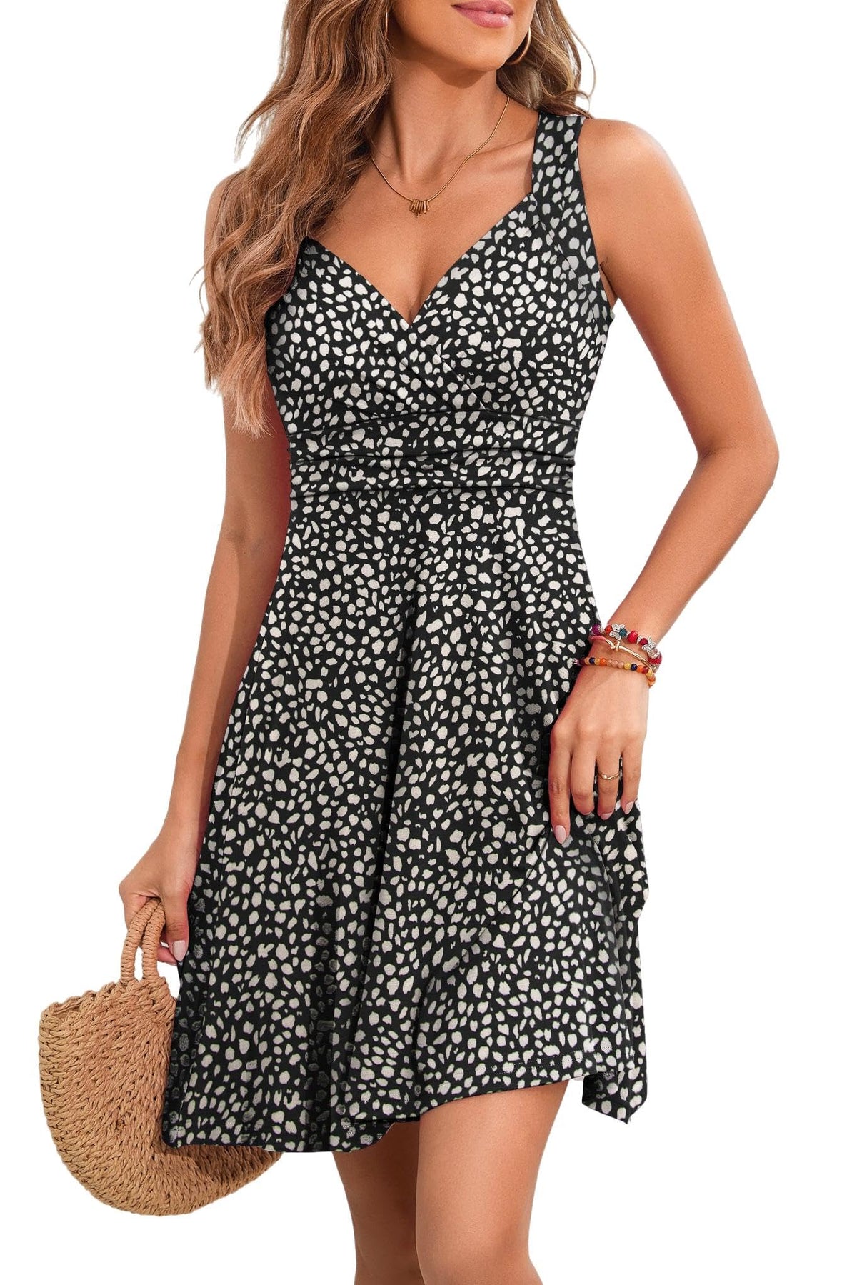YUTILA Summer Dress Women's V-Neck Sleeveless Dresses Midi Floral Pattern Lightweight Dress Beach Dress