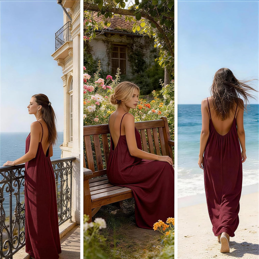 nnOuOnn Women Summer 2026 Backless Cami Dress Sleeveless Long Maxi Casual Summer Flowy Open Back Lounge Dress Beach House