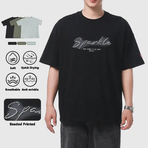 Fashion Oversized Cotton Tee Streetwear Vintage Beaded Letter Printing Short Sleeve Crewneck Loose Fit Men's T-Shirts