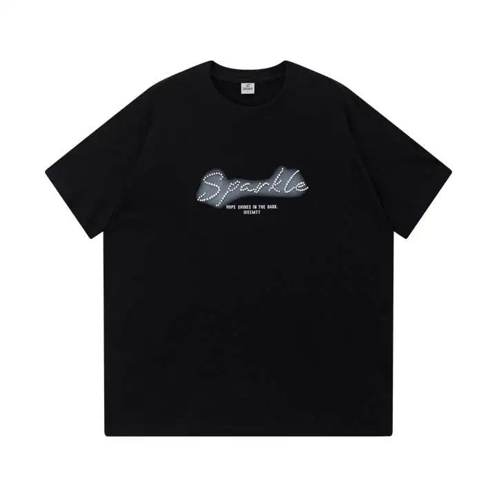 Fashion Oversized Cotton Tee Streetwear Vintage Beaded Letter Printing Short Sleeve Crewneck Loose Fit Men's T-Shirts