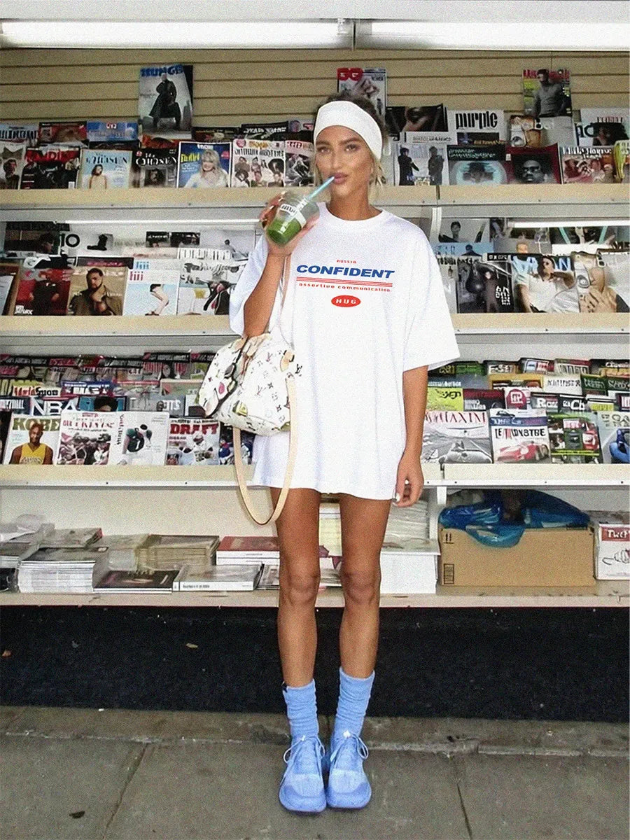 American Oversized White CONFIDENT T-Shirt | Casual Loose Fit Streetwear Top for Summer Pure Cotton High Quality Tees Sweet Girl