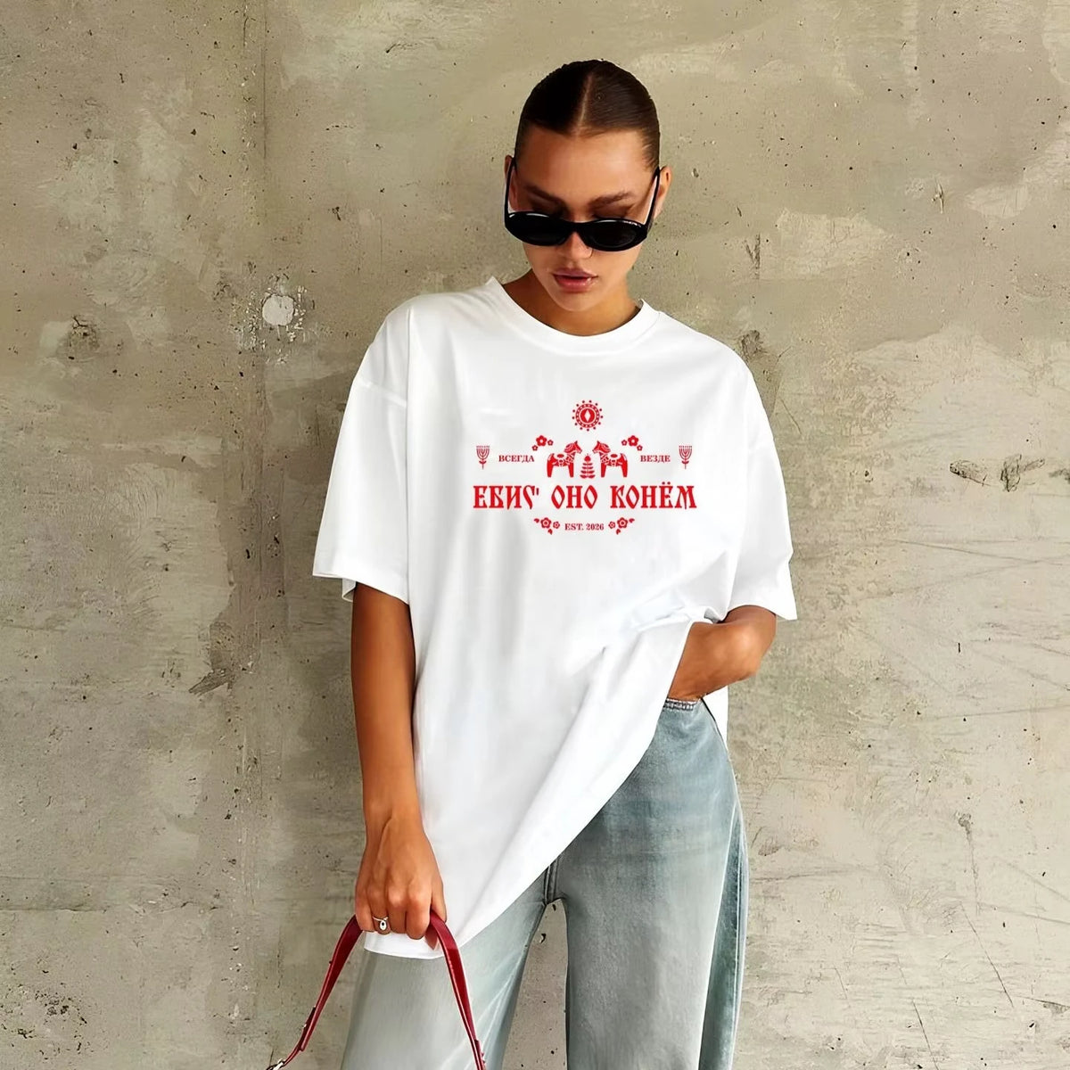 Women's Oversized T-shirt Russian Style Art Letter Summer Casual Y2K Street Minimalist Loose Fit 100% Pure Cotton Top