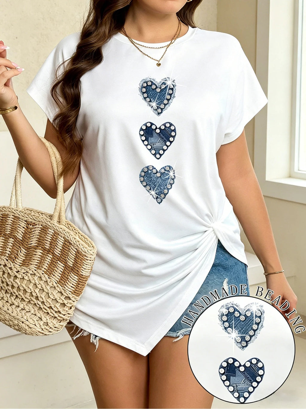 Women's White Oversized Casual T-Shirt round Neck Short Sleeved Heart Print Loose Slit Summer Elegant New