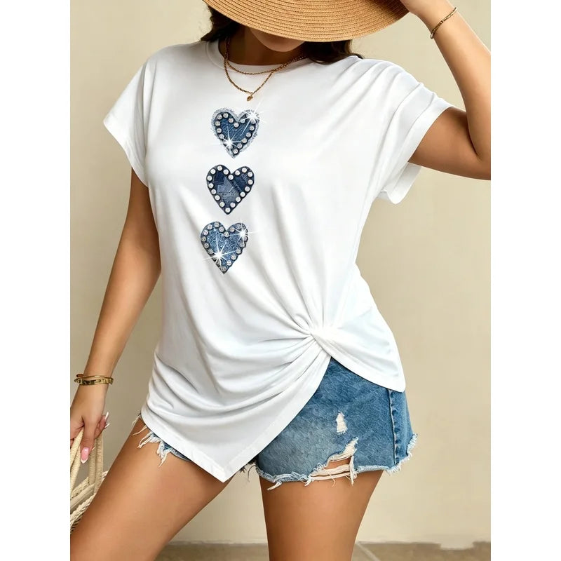 Women's White Oversized Casual T-Shirt round Neck Short Sleeved Heart Print Loose Slit Summer Elegant New