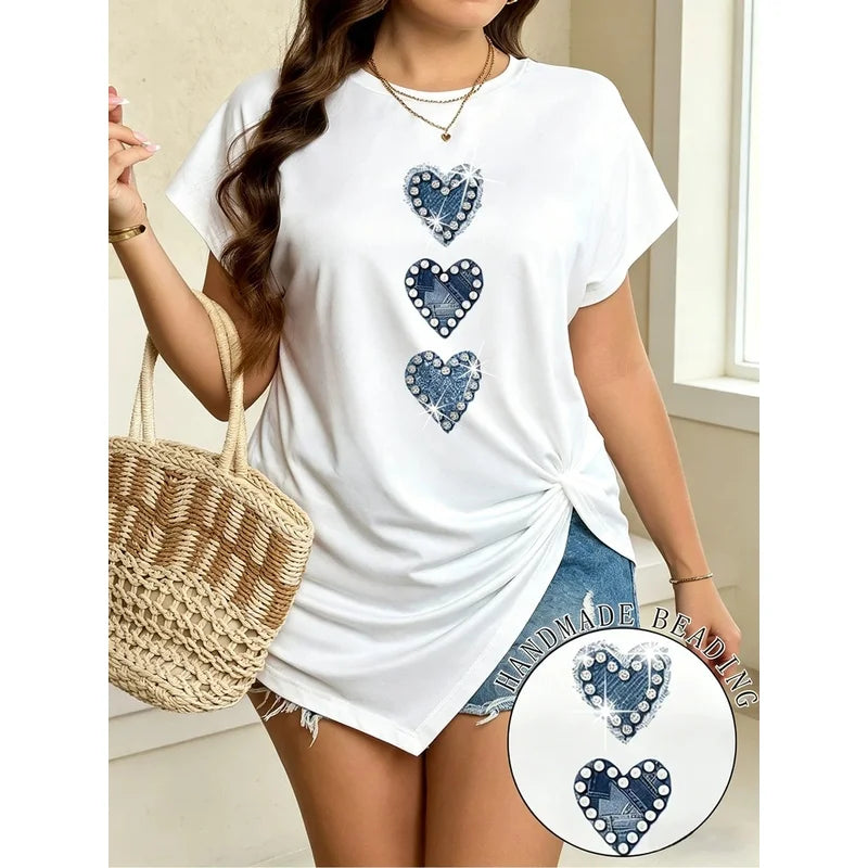 Women's White Oversized Casual T-Shirt round Neck Short Sleeved Heart Print Loose Slit Summer Elegant New