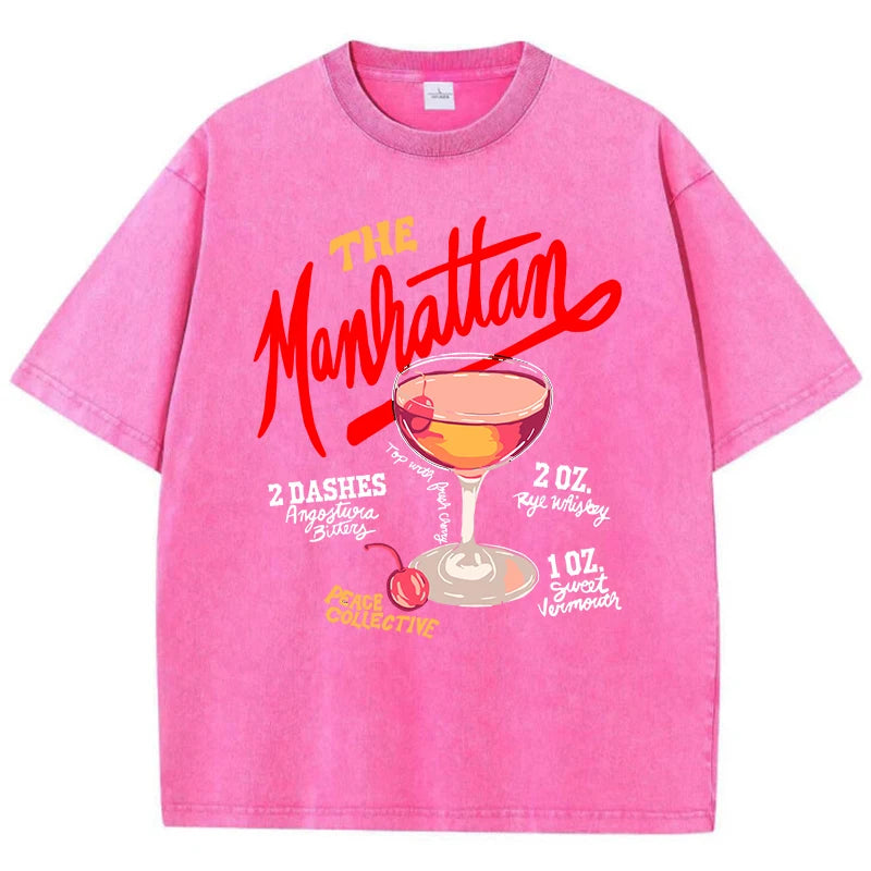 Oversized Women Washed T-Shirts The Manhattan Cherry Cocktail Printed Tee Shirts Distressed Crewneck Cotton Tees Fashion Clothes