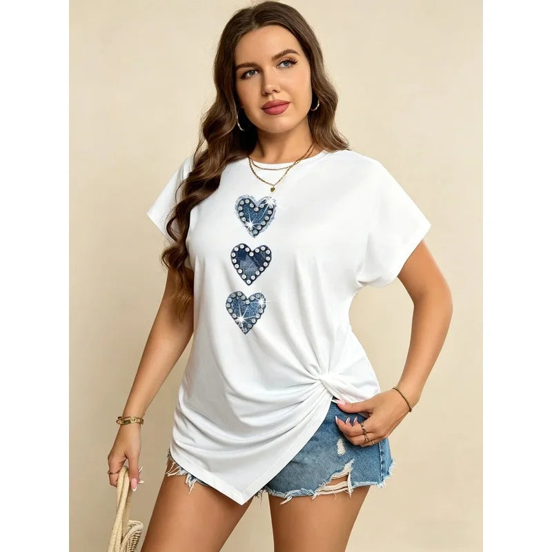 Women's White Oversized Casual T-Shirt round Neck Short Sleeved Heart Print Loose Slit Summer Elegant New