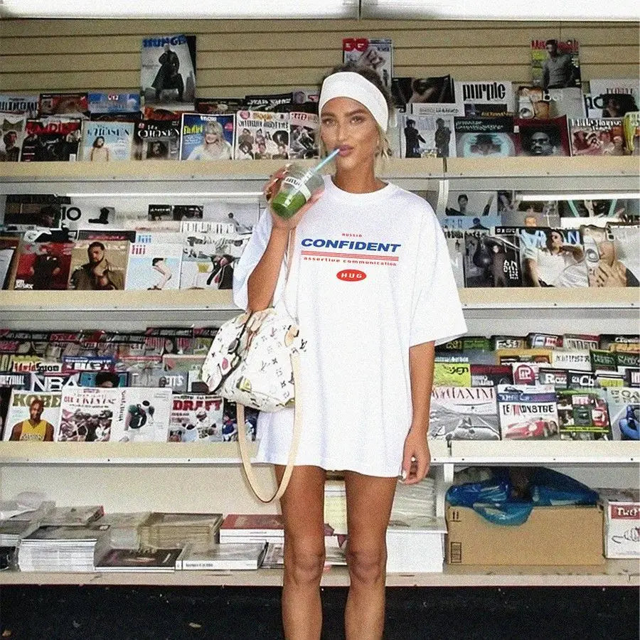 American Oversized White CONFIDENT T-Shirt | Casual Loose Fit Streetwear Top for Summer Pure Cotton High Quality Tees Sweet Girl