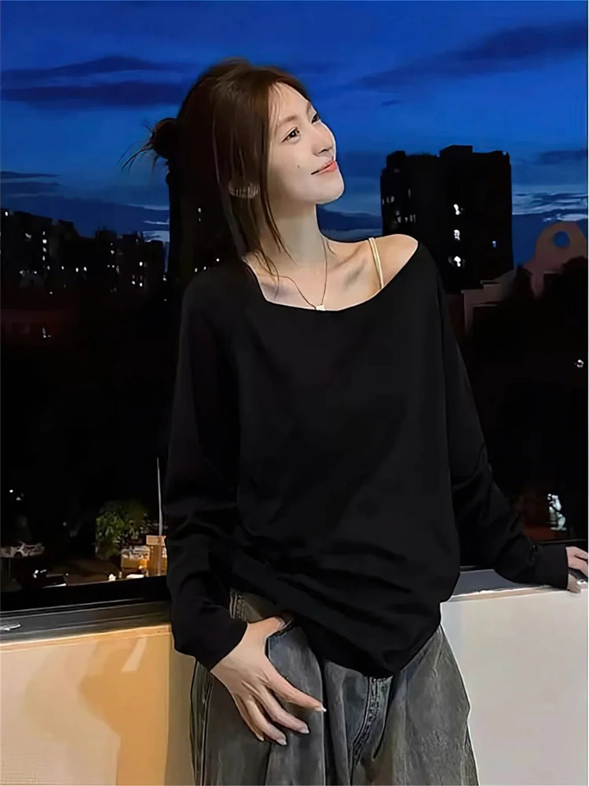 Oversize Off Shoulder Long Sleeve T Shirt Women Solid Color Casual Tops Lady Spring Autumn Basic Tees Korean Style Youth Blouses