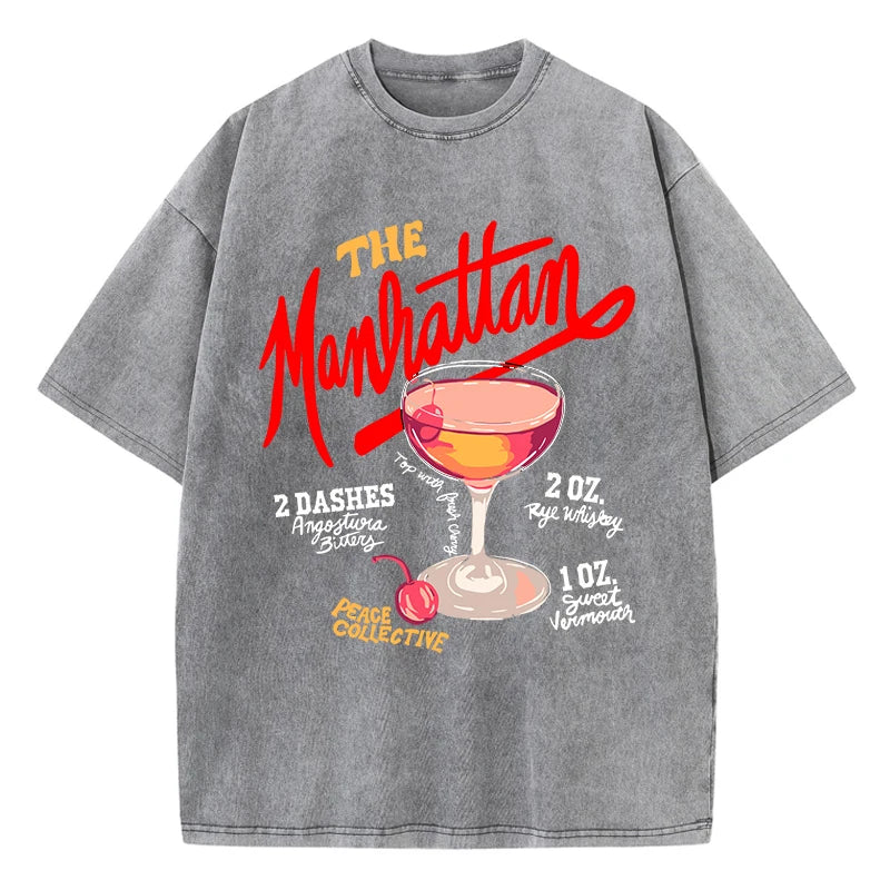 Oversized Women Washed T-Shirts The Manhattan Cherry Cocktail Printed Tee Shirts Distressed Crewneck Cotton Tees Fashion Clothes