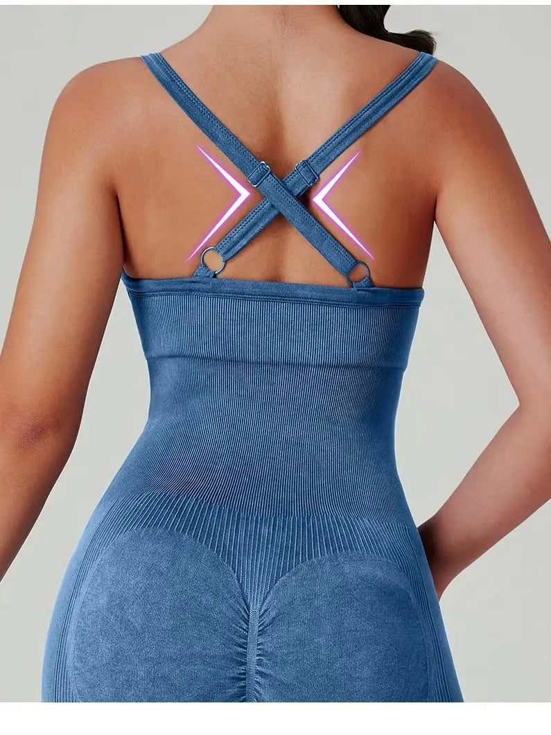 Women's Washed Yoga Bodysuit High Waisted Seamless 4-Way Stretch Workout Activewear Breathable Quick-Dry Lounge Jumpsuit