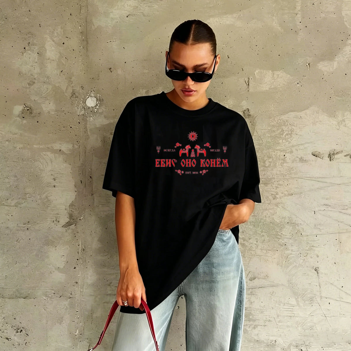 Women's Oversized T-shirt Russian Style Art Letter Summer Casual Y2K Street Minimalist Loose Fit 100% Pure Cotton Top