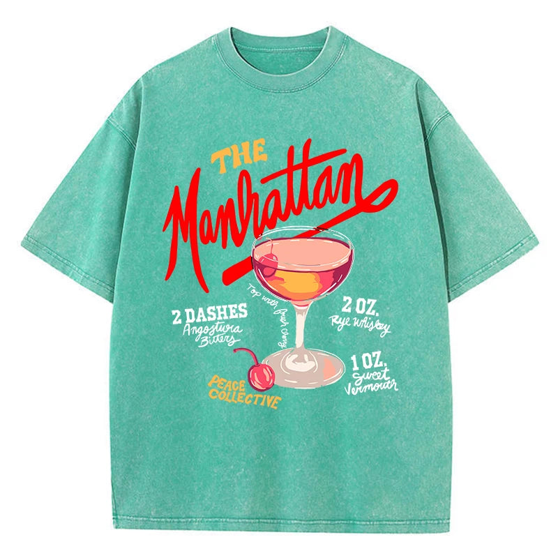 Oversized Women Washed T-Shirts The Manhattan Cherry Cocktail Printed Tee Shirts Distressed Crewneck Cotton Tees Fashion Clothes