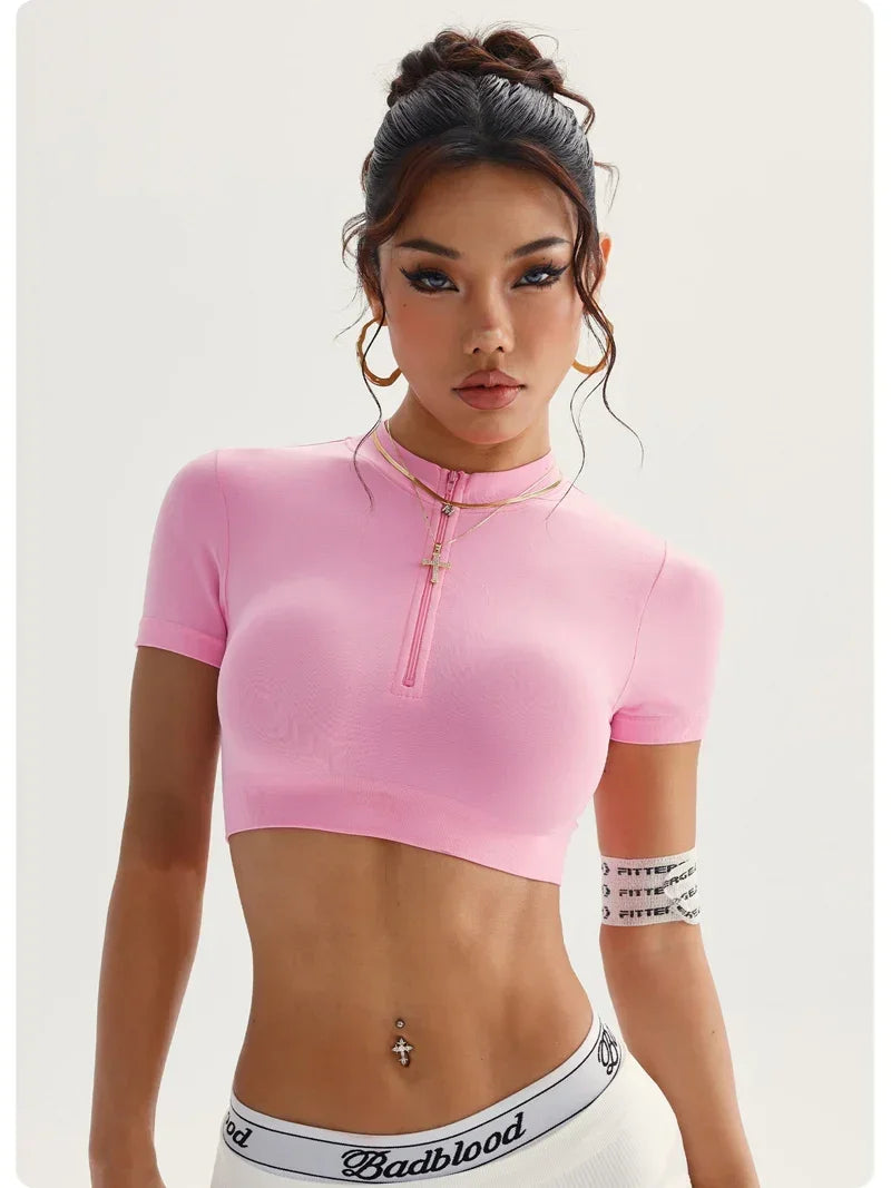 Women Shirts Zippy Seamless Crop Top Sportswear Workout Tops For Women Fitness Shirts Gym Short Sleeve Yoga Sport Top ActiveWear