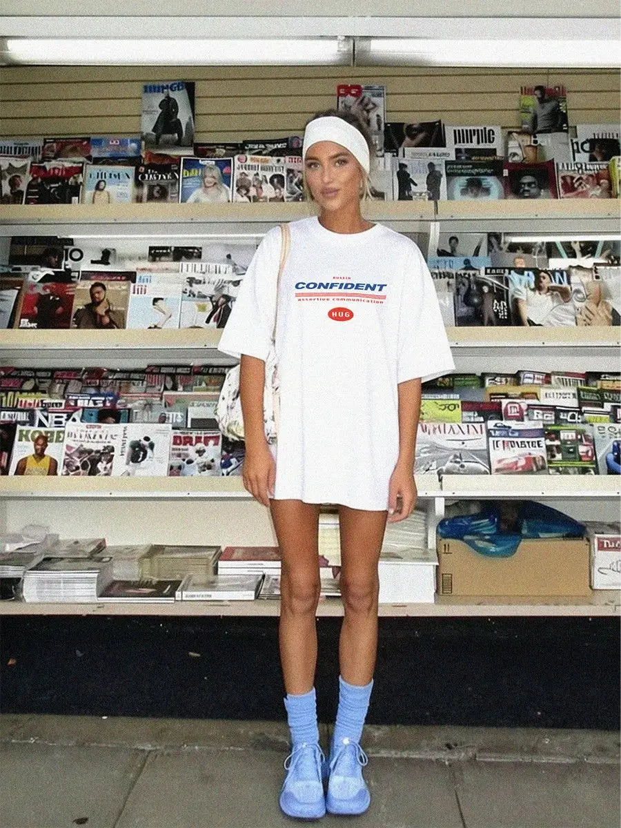 American Oversized White CONFIDENT T-Shirt | Casual Loose Fit Streetwear Top for Summer Pure Cotton High Quality Tees Sweet Girl
