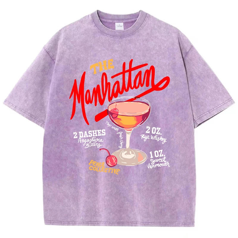 Oversized Women Washed T-Shirts The Manhattan Cherry Cocktail Printed Tee Shirts Distressed Crewneck Cotton Tees Fashion Clothes