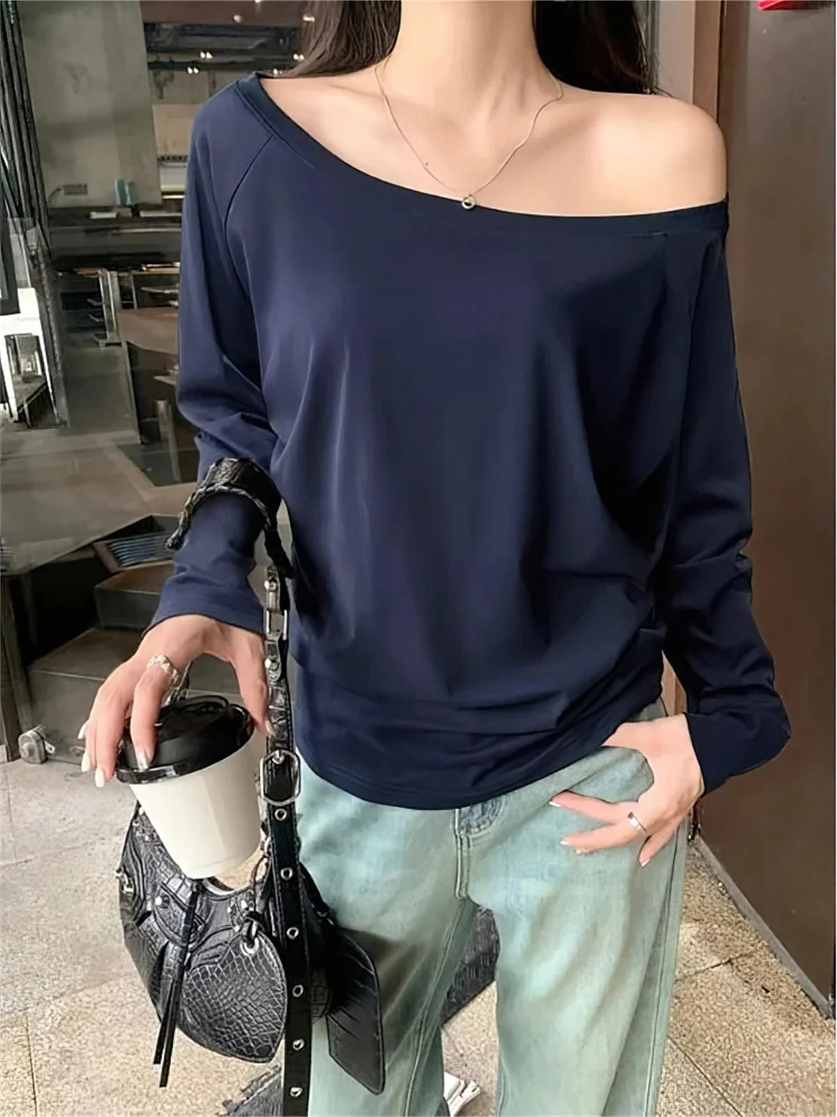 Oversize Off Shoulder Long Sleeve T Shirt Women Solid Color Casual Tops Lady Spring Autumn Basic Tees Korean Style Youth Blouses