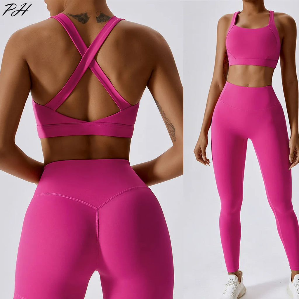 Ensemble de sport 2 pièces pour femme, tenue de fitness, brassière à dos croisé et leggings sans couture push-up pour la salle de sport