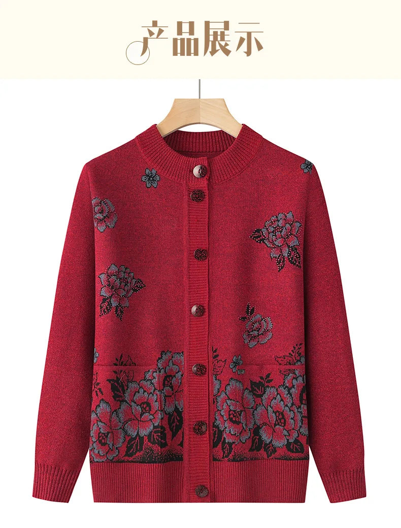 Knitwear Woman Clothes Vintage Wool Spring Autumn Cardigan For Women Long Sleeve Middle Aged Mother Sweaters Coats Female Top