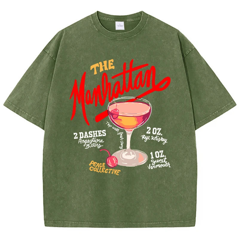 Oversized Women Washed T-Shirts The Manhattan Cherry Cocktail Printed Tee Shirts Distressed Crewneck Cotton Tees Fashion Clothes