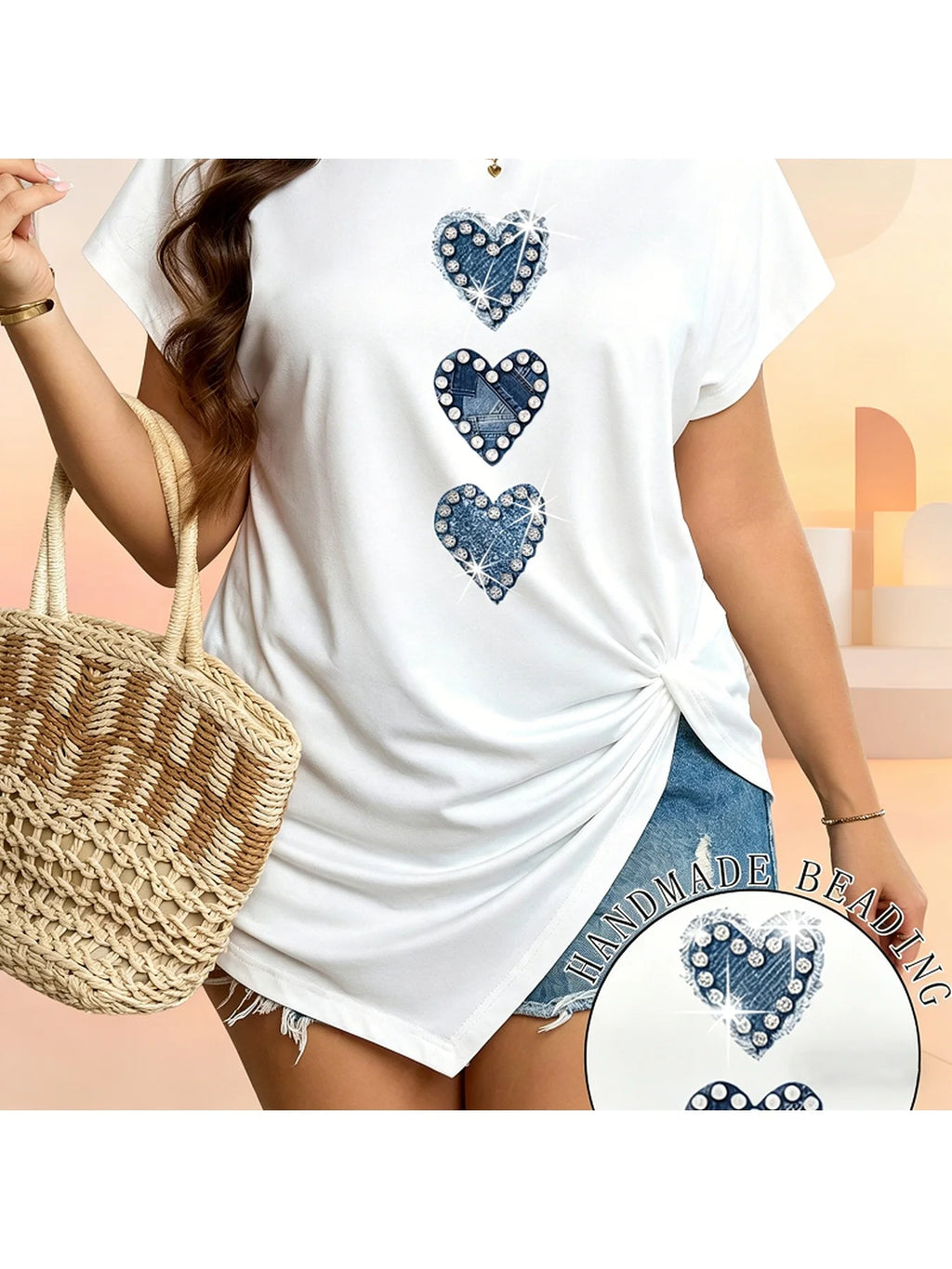 Women's White Oversized Casual T-Shirt round Neck Short Sleeved Heart Print Loose Slit Summer Elegant New