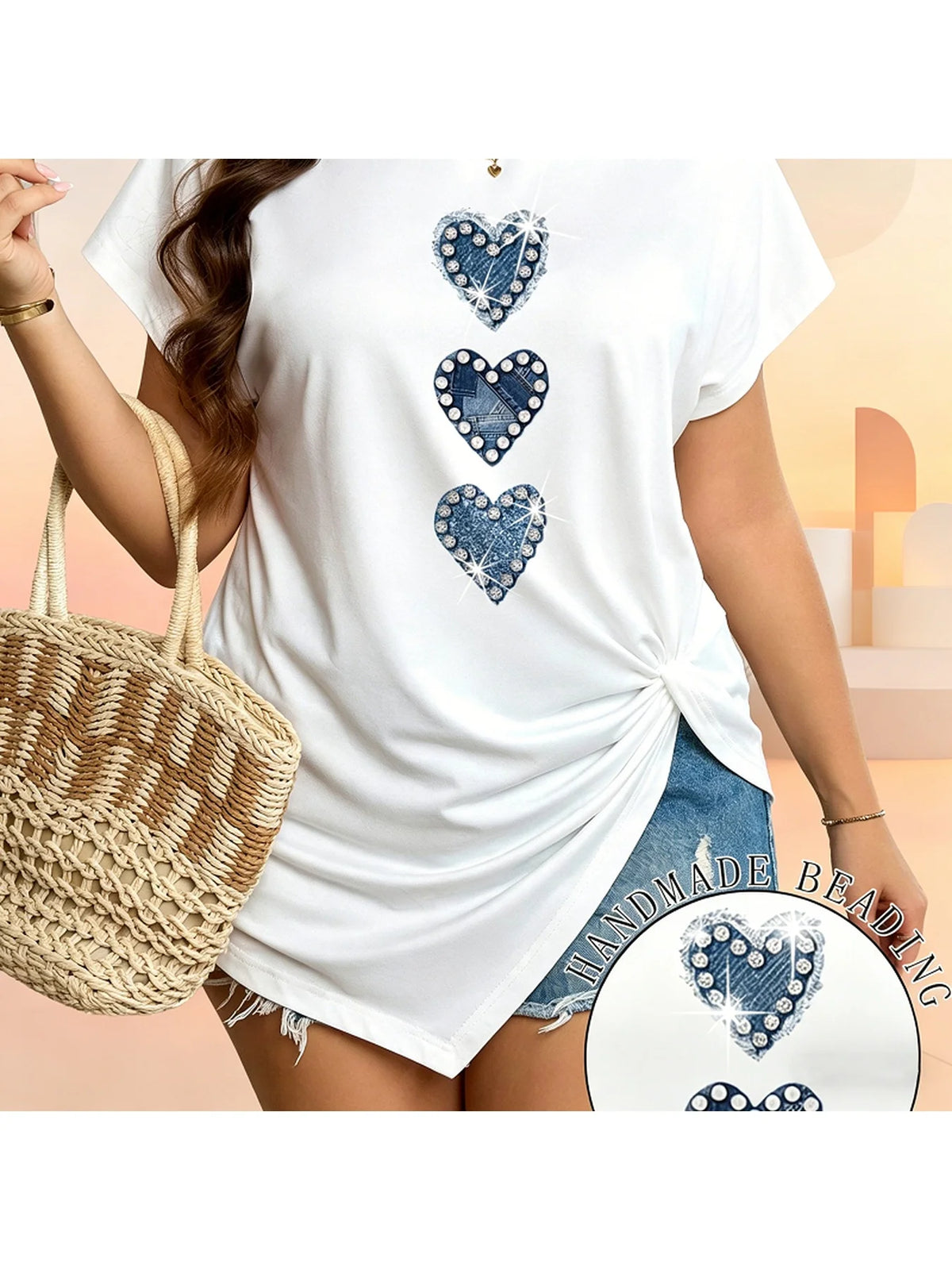 Women's White Oversized Casual T-Shirt round Neck Short Sleeved Heart Print Loose Slit Summer Elegant New