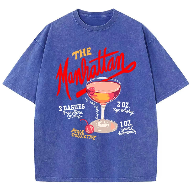 Oversized Women Washed T-Shirts The Manhattan Cherry Cocktail Printed Tee Shirts Distressed Crewneck Cotton Tees Fashion Clothes