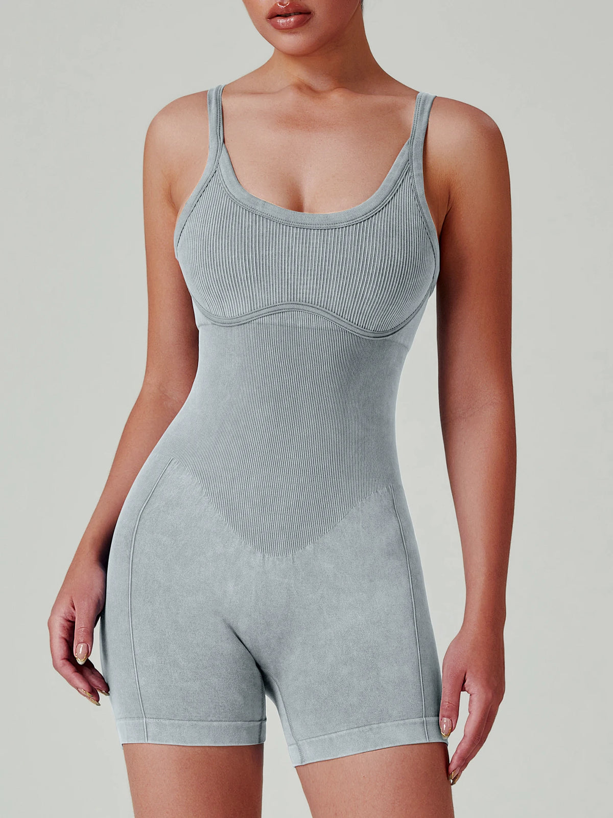 Women's Washed Yoga Bodysuit High Waisted Seamless 4-Way Stretch Workout Activewear Breathable Quick-Dry Lounge Jumpsuit